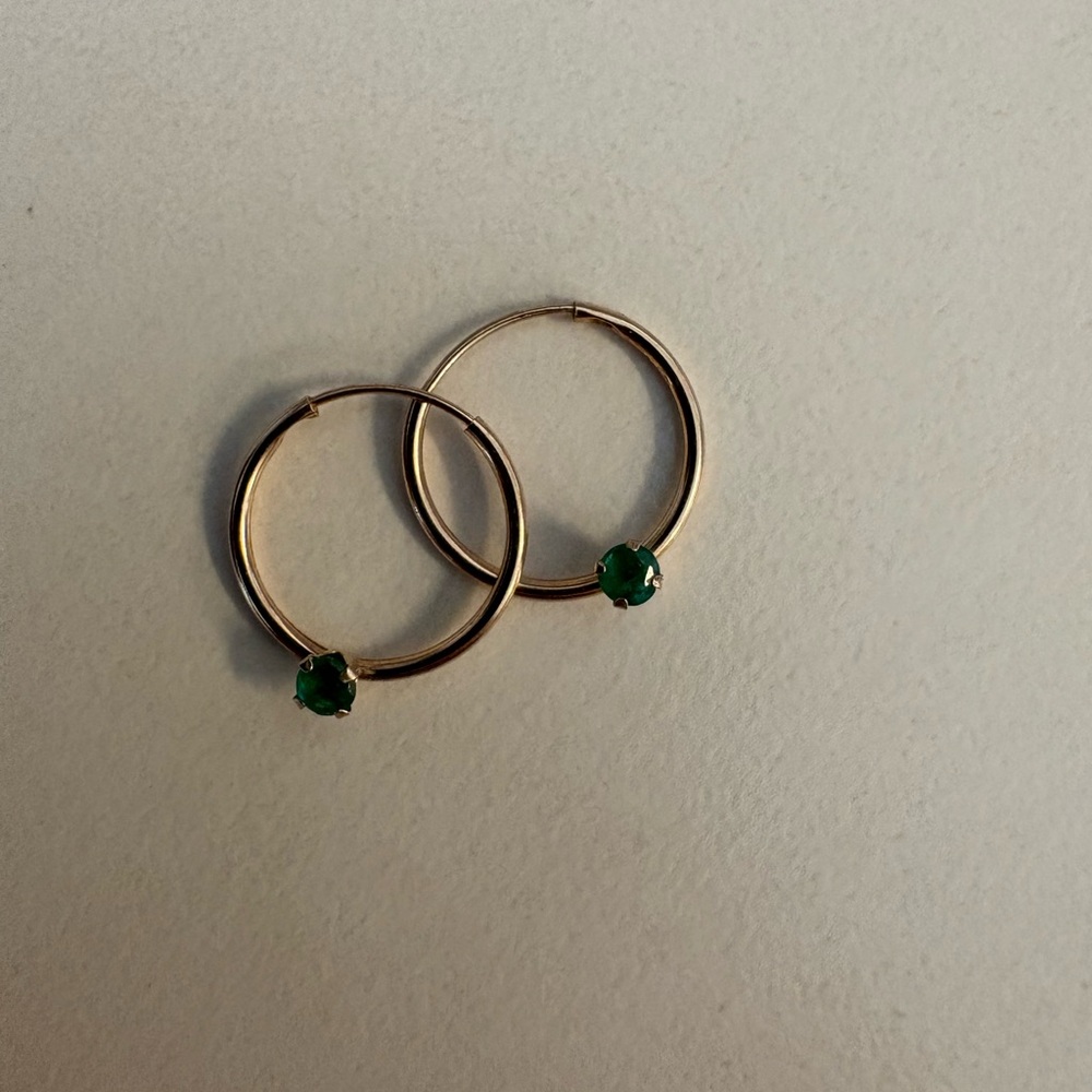 10K Yellow Gold Hoop Huggie Sleeper Earrings with Green Stone